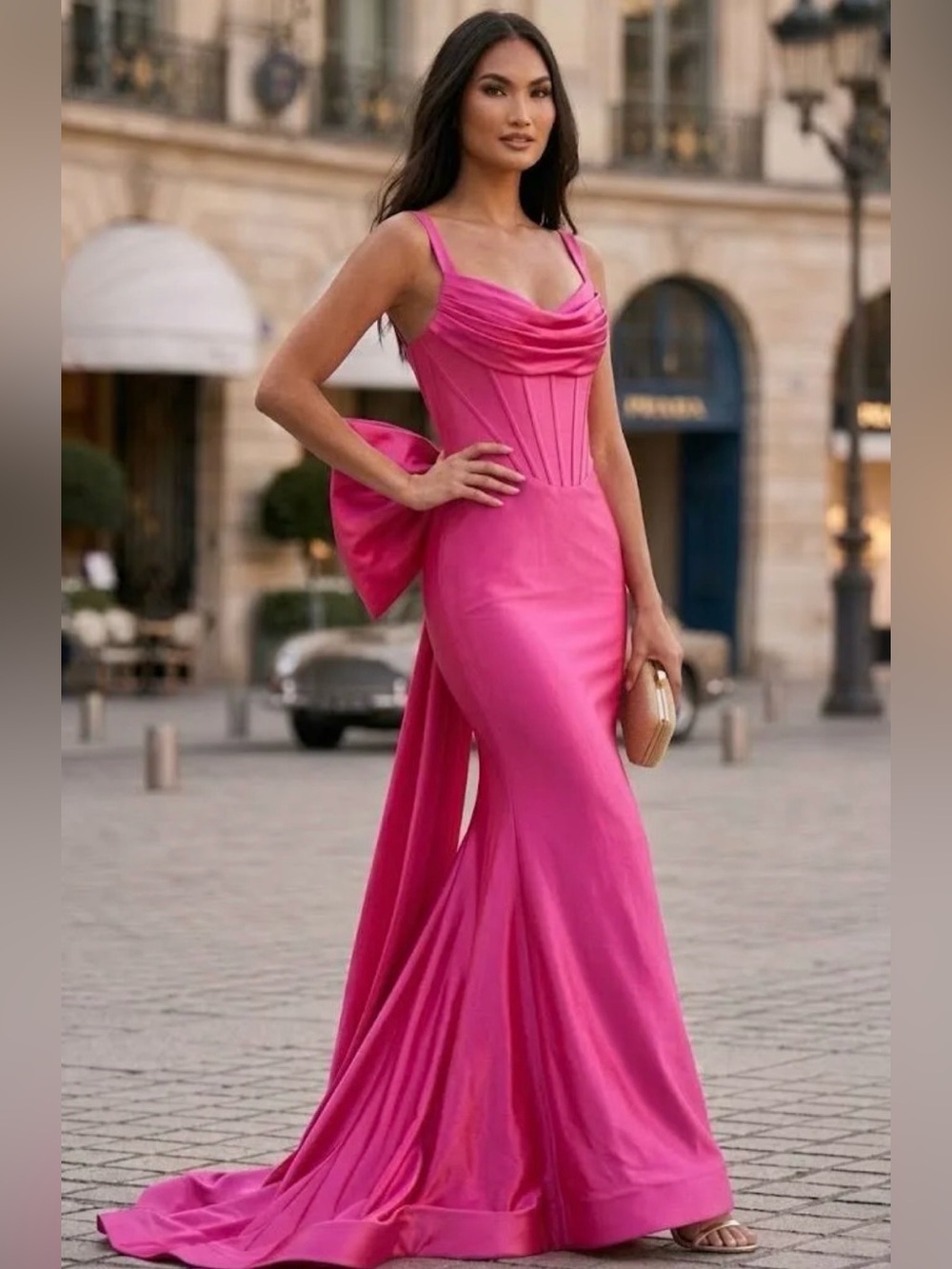 Jovani Hot Pink Strapless Satin Gown with Bow Back